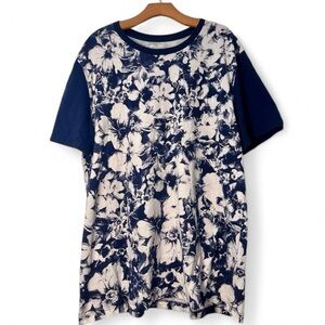 Navy and white floral print soft wash crewneck tee